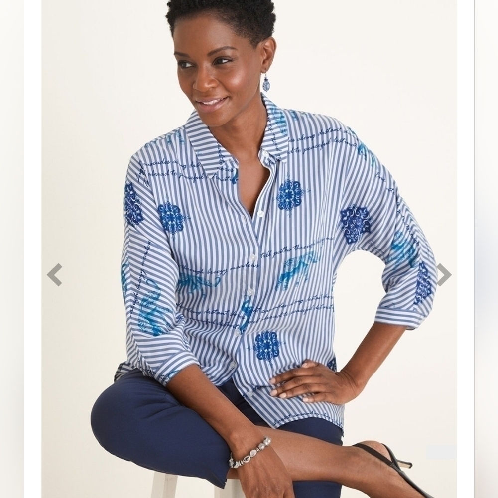 CHICO Striped Mixed-Print‎ High-Low Tunic 2P